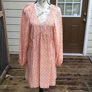 H&M Long Sleeve A-line Patterned Dress Deep V-neck Coral and Cream